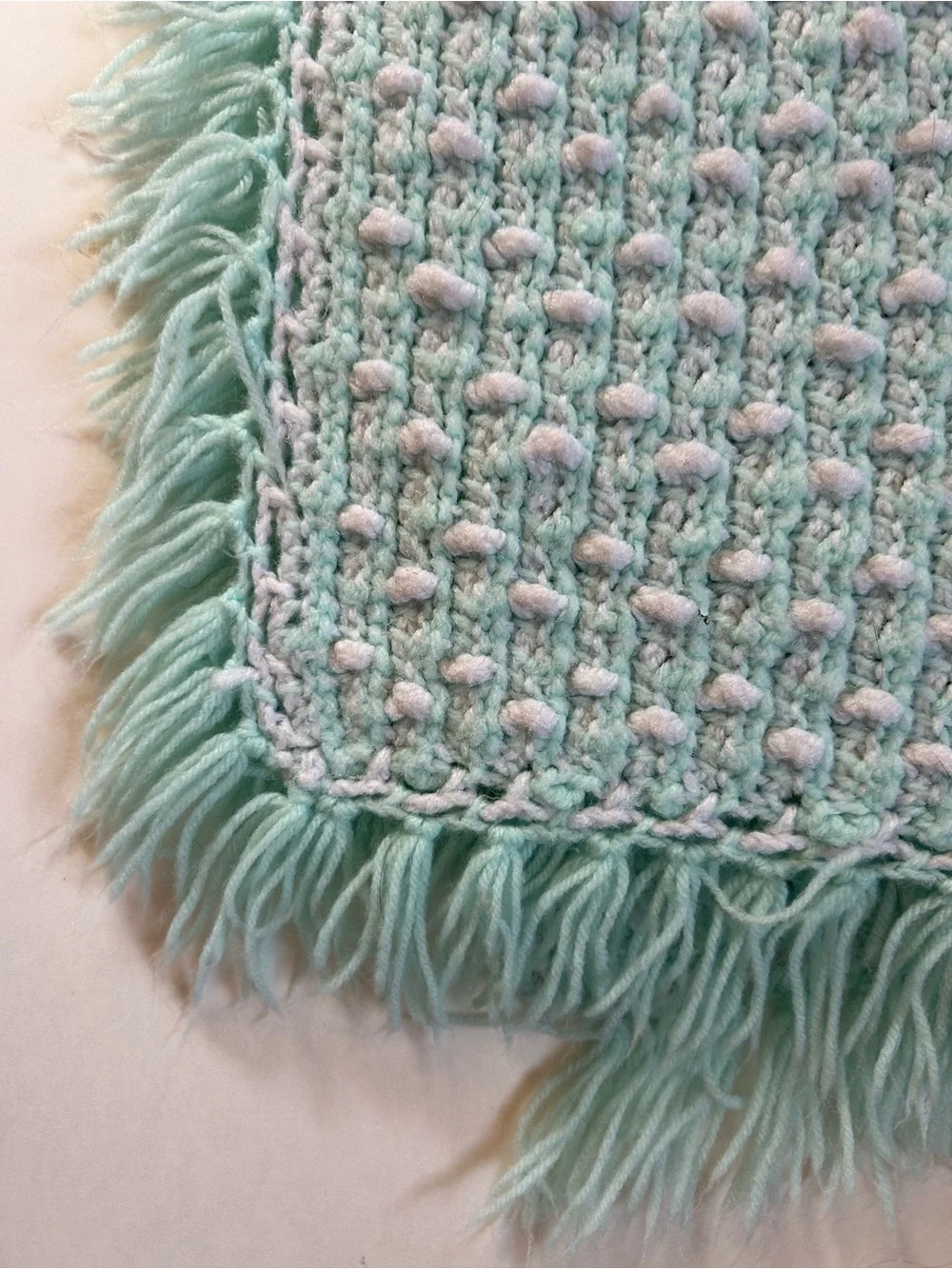 Vintage Handmade Textured Aqua Mint & White Fringe Baby or Lap Blanket
